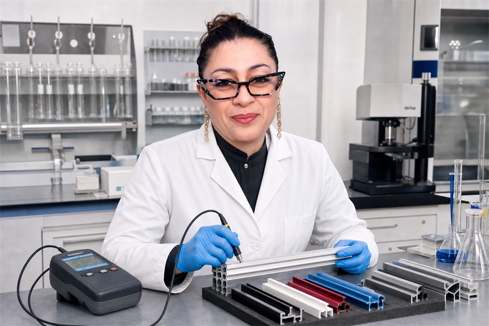 Chemical laboratory technician in a white coat testing aluminum profile coating thickness
